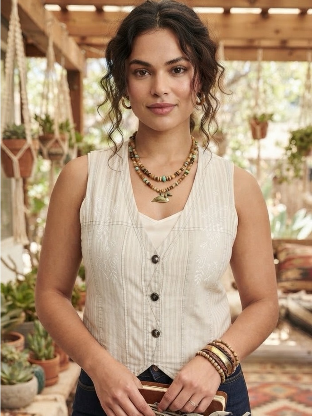 Carole-little Women's Cream and Tan Gilet